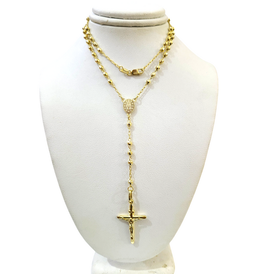 Real 10k Yellow Gold 3mm Rosary Chain 24 inch Necklace Cross Pendant