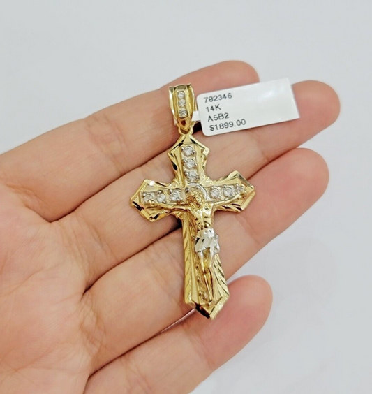14k Yellow Gold Cross Jesus Crucifix Pendant 2 Inch 14kt CZ Charm Mens REAL 14kt