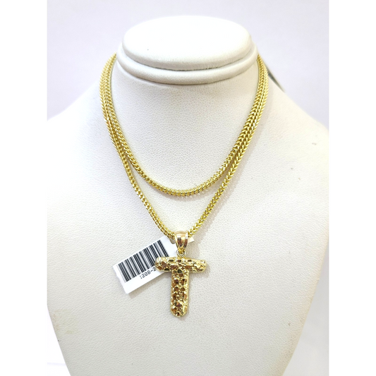 10k Gold Franco Chain Necklace 2.5mm 16"-26" T Nugget Initial Charm Pendant SET