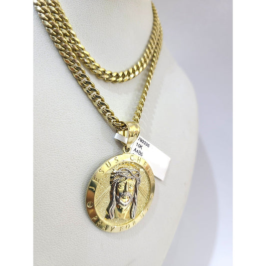 Real 10K Gold Miami Cuban Chain Jesus Christ 20"-28" 4mm Pendant Necklace SET