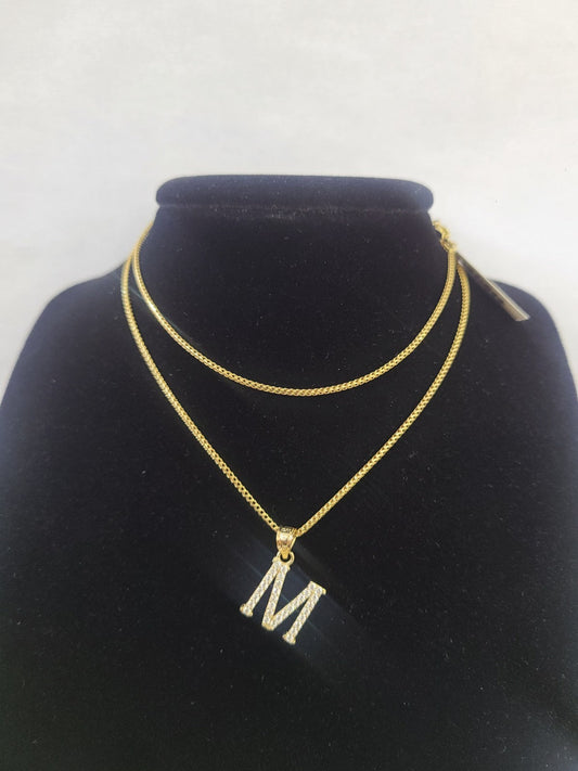 10K Gold Solid Franco Chain M Initial CZ Stone Pendant Set 1mm 16 18 20 22 Women