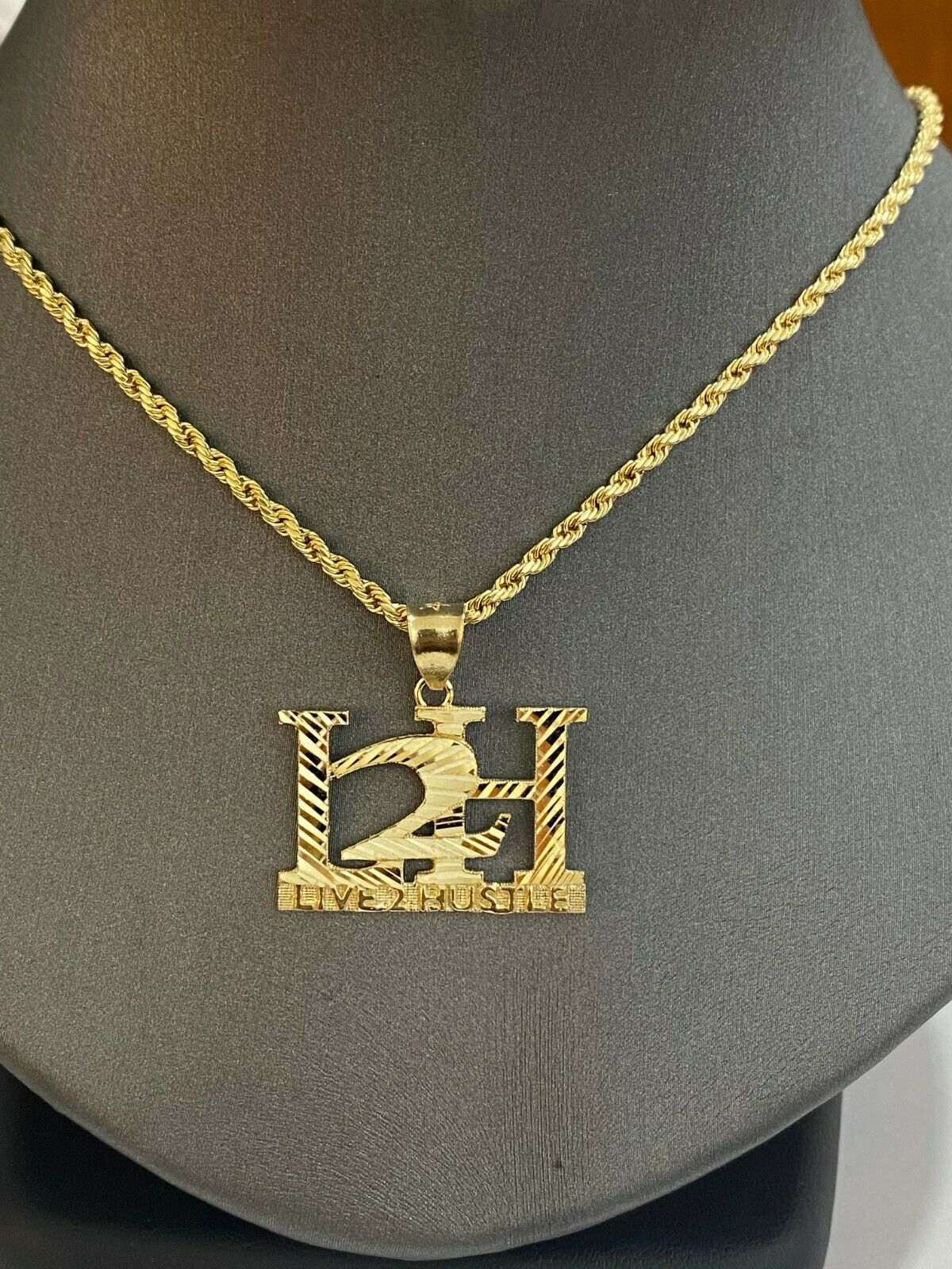 2.5mm Rope Chain 10k Gold Live2 Hustle Charm Pendant 18 20 22 24 26 28 Inch Real