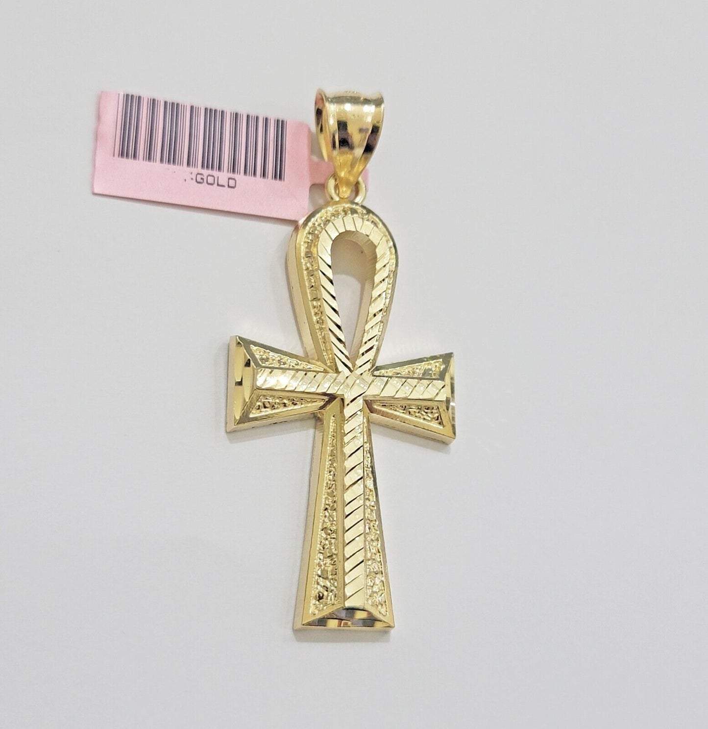 Real 14k Yellow Gold Ankh charm pendant 2.2 Inches Diamond Cuts Charm for Chains