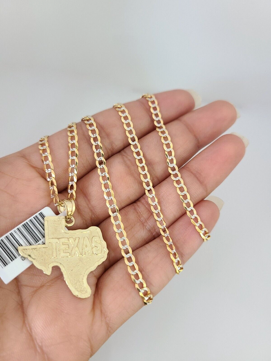 10k Gold Solid Cuban Curb Chain Texas Map Pendant Set 3mm 18"-26" Charm Necklace