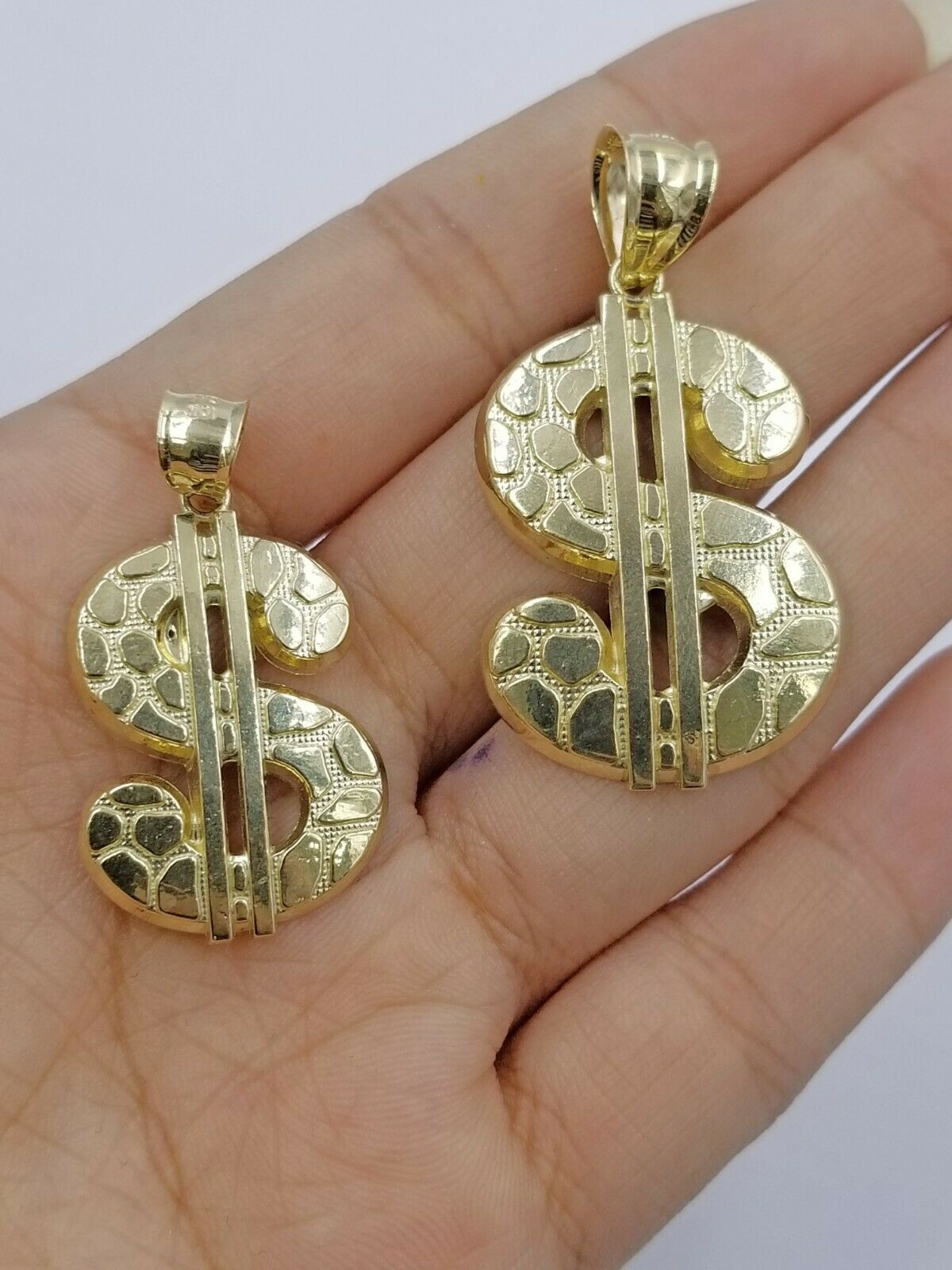 10k Real Yellow Gold Dollar sign $ Charm Nugget Cut Pendant For Lucky Men Women