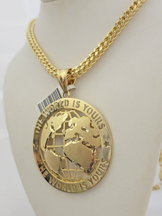 10k Yellow Gold Franco Chain Necklace World Map Charm Pendant 5mm 20-26'' Inches