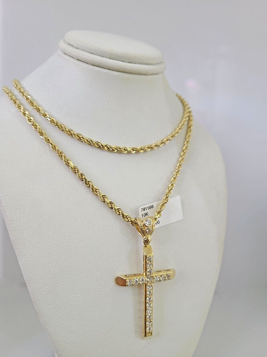 REAL 10k Solid Rope Chain Cross Charm Pendant 3mm Necklace Set 18"-26" inches