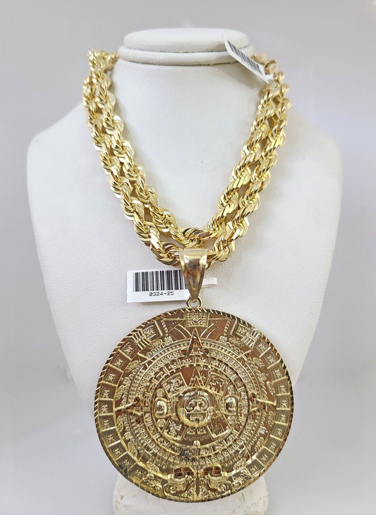 10kt Gold Solid Rope Chain Mayan Calendar Charm Set 18"-30'' Inch 7mm Pendant