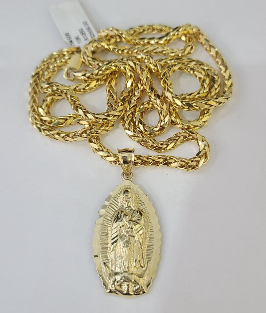 REAL 10k Yellow Gold Palm Chain Virgin Mary Pendant Charm 3mm SET Necklace