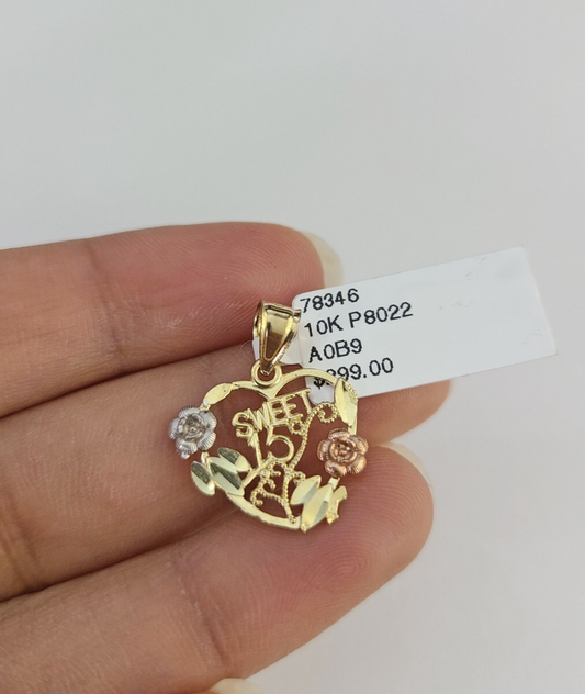 10k Sweet 15 Charm Trio Pendant Rose Yellow White Gold Women REAL