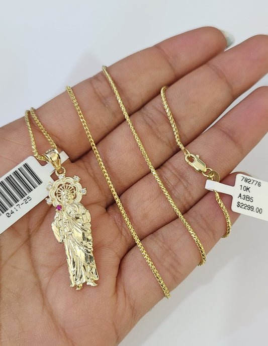 10kt Franco Chain Necklace Saint Jude Charm Pendant 1mm 16-22 Inches Ladies Gold