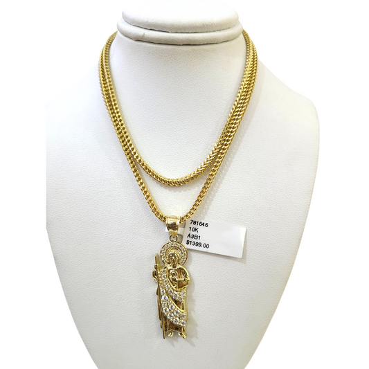 Real 10k Gold Franco Chain Saint Jude Charm Pendant Necklace SET 2.5mm 18"-26"