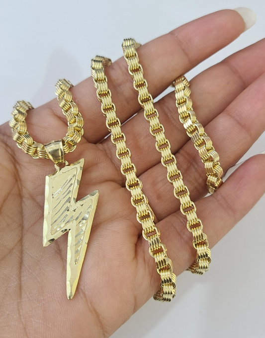 10k Gold Byzantine Necklace Lightning Bolt Pendant Charm SET Chain 20"-30" 4mm