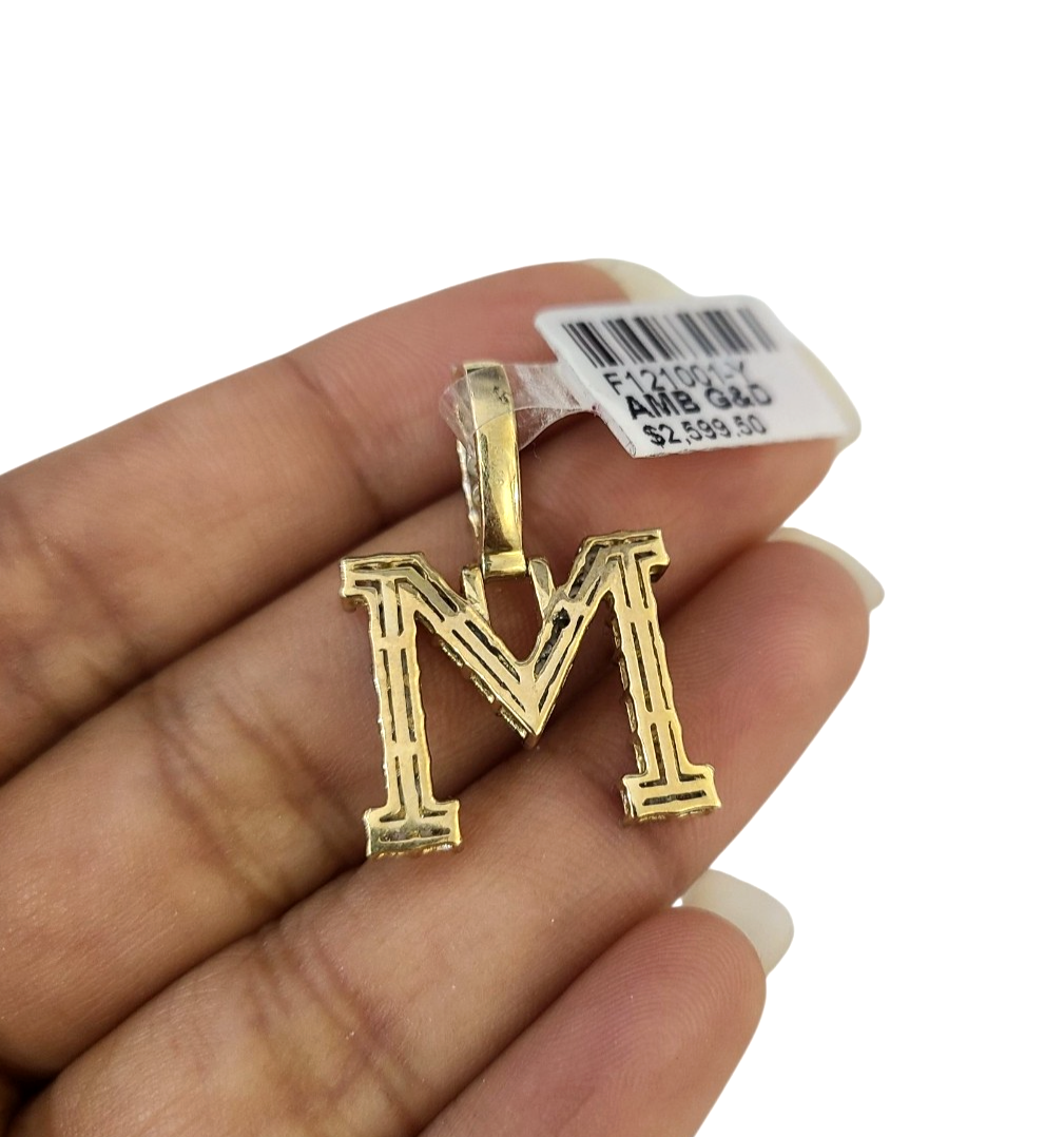 REAL 10k Yellow Gold Palm Chain M Diamond Initial Pendant Charm 3mm SET Necklace