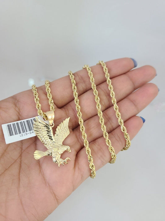 REAL 10k Solid Rope Chain Flying Eagle Charm Pendant 3mm Set 18"-26" in Necklace