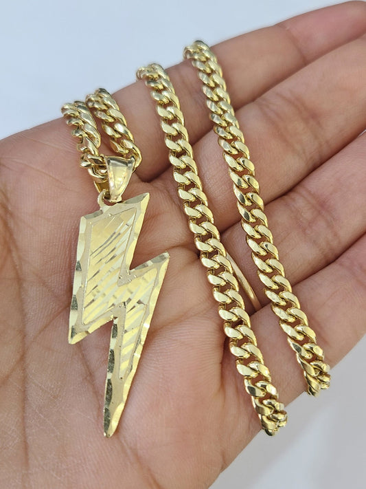 10k Gold Chain Miami Cuban Lightning Bolt Charm Pendant Set 4mm 18"-28" Necklace