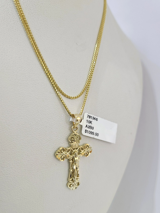 10kt Franco Gold Chain Necklace INRI Cross Pendant Charm 1mm 16-22 Inches Ladies