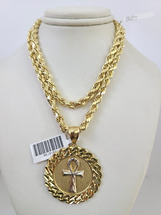 10kt Gold Rope Chain Ankh Jesus Cross Charm Set 18"-30'' Inch 5mm Necklace