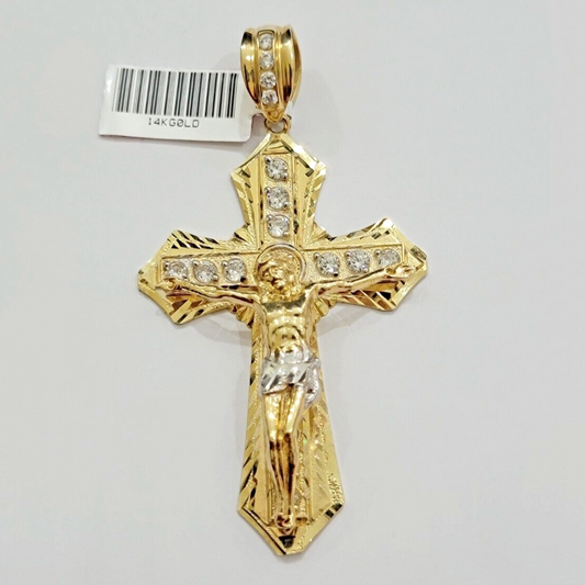 14k Yellow Gold Cross Charm Pendant Jesus Crucifix 3" With Stone Mens REAL 14kt
