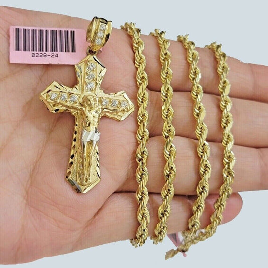 Solid 14kt Gold Rope Chain Necklace Jesus Cross Charm CZ Pendant 20-30 Inch 4mm