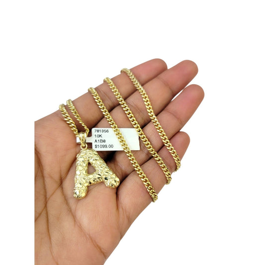 Real Gold 10k Chain Pendant SET A Initial Charm Miami Cuban Link Necklace 2.5mm