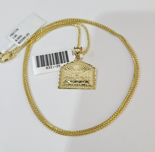 10kt Franco Chain Necklace Last Supper Charm Pendant 1mm 16-22 Inchs Ladies Gold