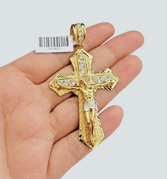 14k Yellow Gold Cross Jesus Crucifix Pendant 3 Inch 14kt CZ Charm Mens REAL 14kt