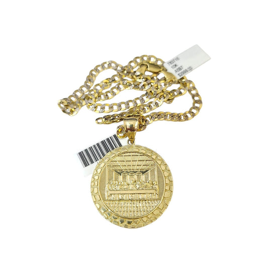 10k Gold Chain Necklace Last Supper Charm Pendant Set Cuban Curb 4mm 20"-30"