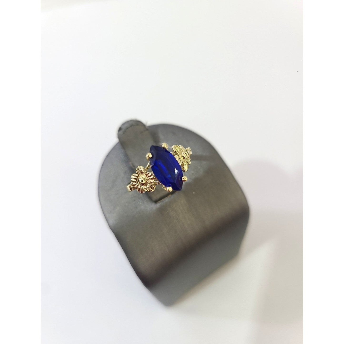 10k Gold Blue Marquise CZ Flower Ring Floral Design Ladies Statement Ring
