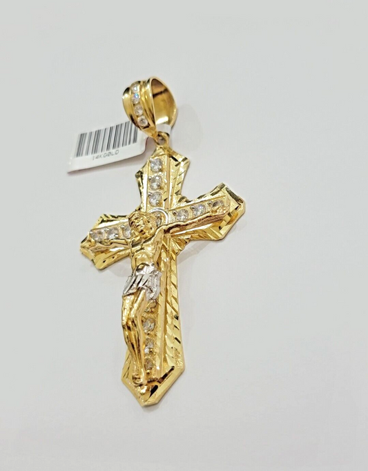 14k Yellow Gold Cross Jesus Crucifix Pendant 3 Inch 14kt CZ Charm Mens REAL 14kt