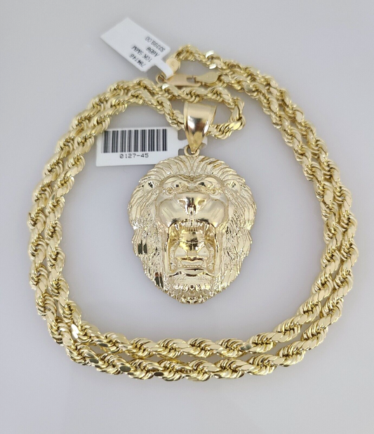 10kt Gold Rope Chain Roaring Lion Pendant Charm Set 18"-30'' Inch 5mm Necklace