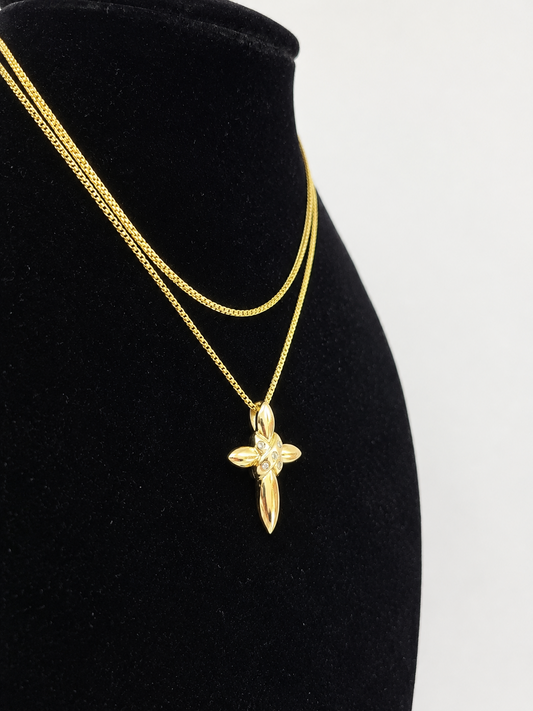 10K Yellow Gold Franco Chain Jesus CZ Stone Cross Pendant 1mm 16 18 20 22 Women
