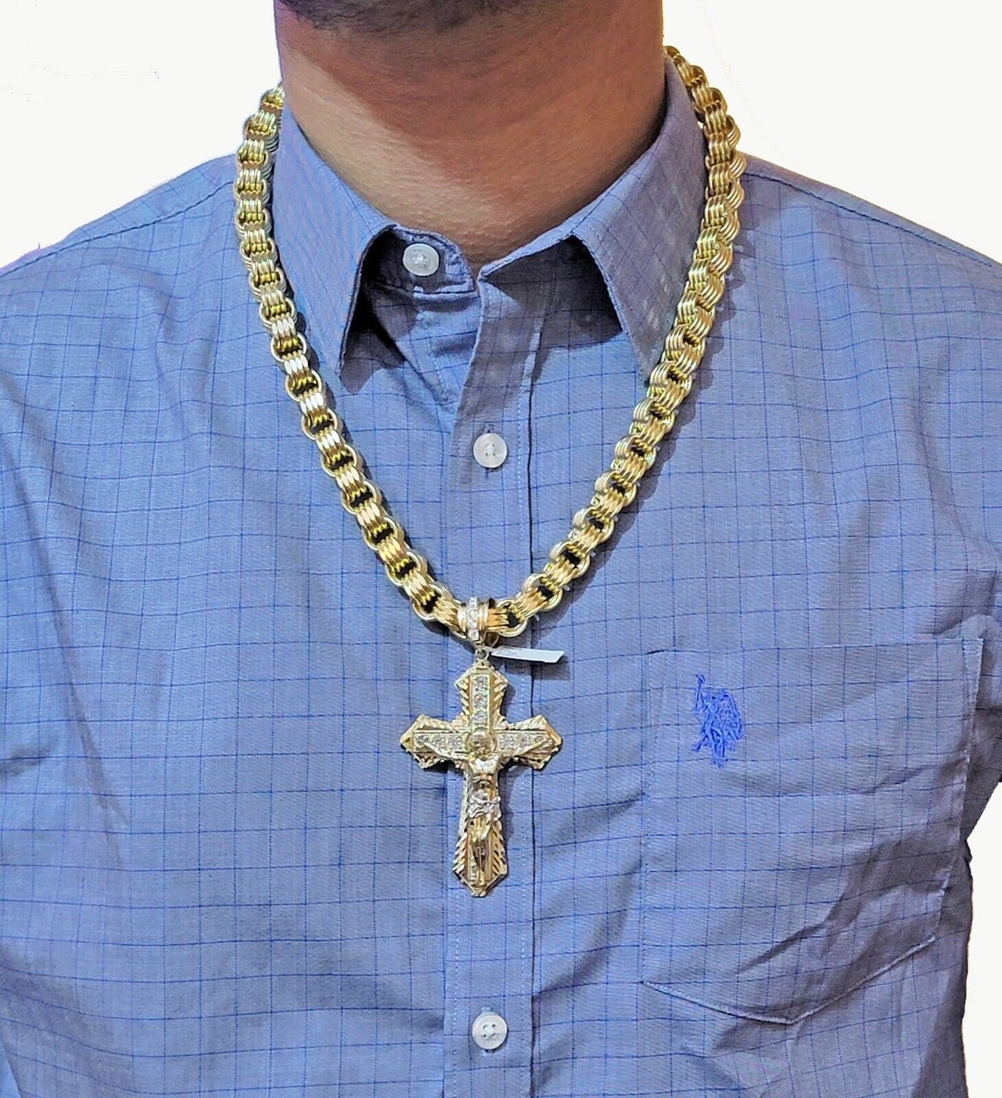 Real 10k Yellow Gold Jesus Cross Charm pendant 3.75" With cubic Zirconia for Men