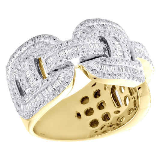 REAL 10K Yellow Gold Round Baguette Diamond Puff Link Cuban Band Ring 1.90CT AMB
