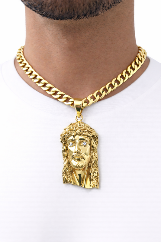10k Yellow Gold Cuban Curb Chain SET Christ Face Pendant Charm 8mm Necklace Men