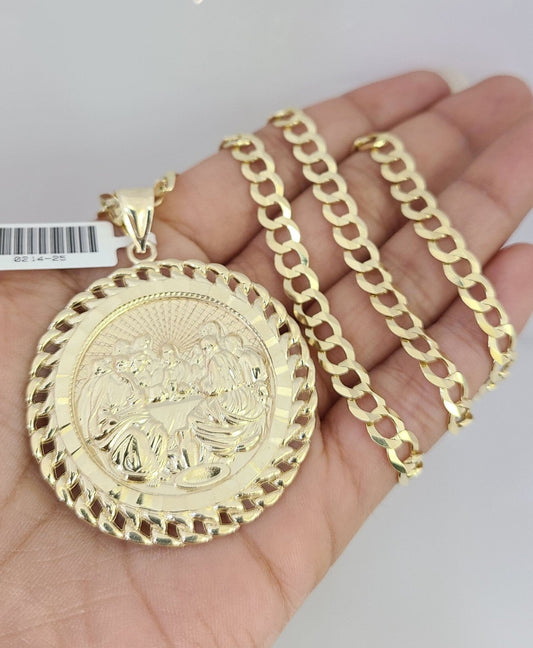 10k Gold Solid Cuban Curb Chain Necklace Last Supper Pendant Set 6mm 20"-30"