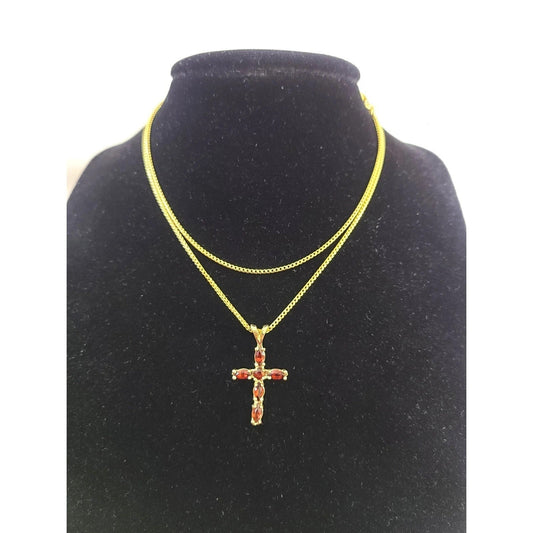 10K Yellow Gold Franco Chain Red CZ Cross Pendant Necklace 1mm 16 18 20 22 Women
