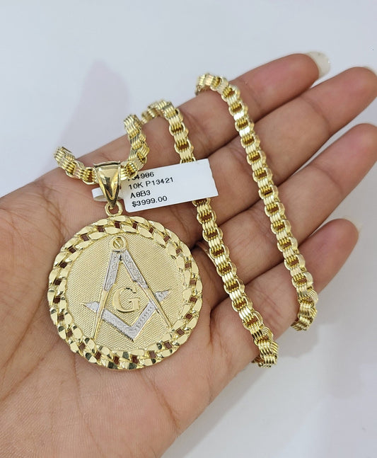 Real 10k Gold Byzantine Necklace Masonic Pendant Charm SET Chain 20"-30" 4mm