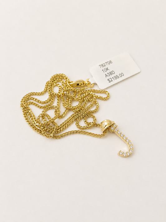10K Gold Solid Franco Chain J Initial CZ Stone Pendant Set 1mm 16 18 20 22 Women
