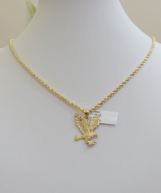10k Yellow Gold Rope Chain Eagle Charm Pendant Set 18"-28 Inch 3mm Necklace REAL