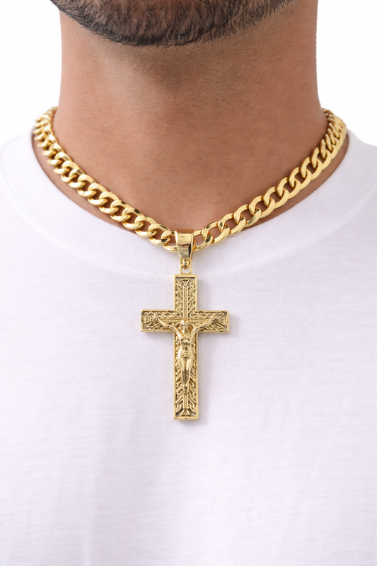 10k Yellow Gold Cuban Curb Chain Holy Cross Pendant SET Charm 8mm Necklace Men