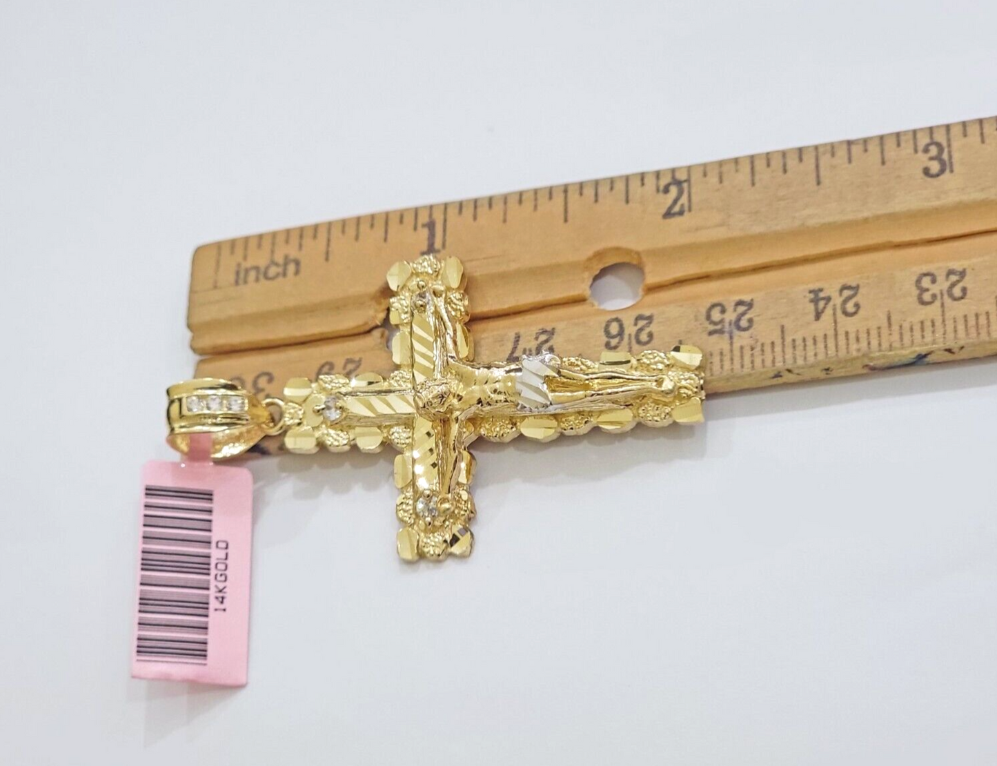 14k Yellow Gold Cross Nugget Pendant Jesus Crucifix 2 Inch 14kt Charm Men's REAL