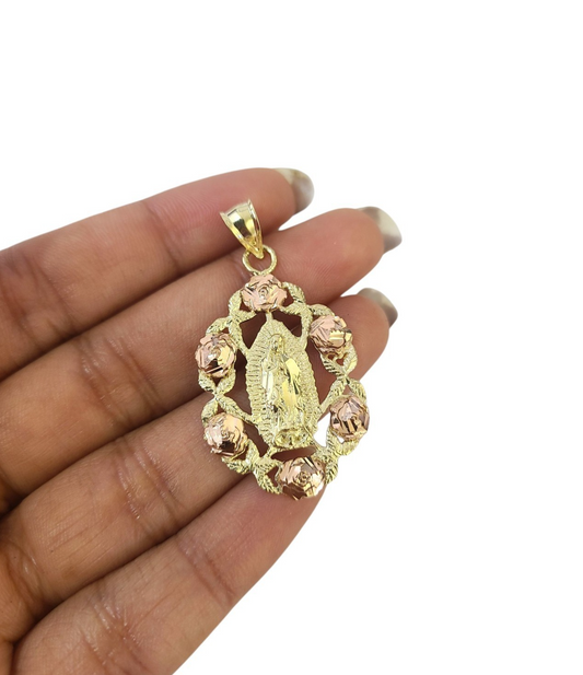 Real 10K Virgin Mary Pendent Charm Two Tone Pink Yellow Gold Holy Mother