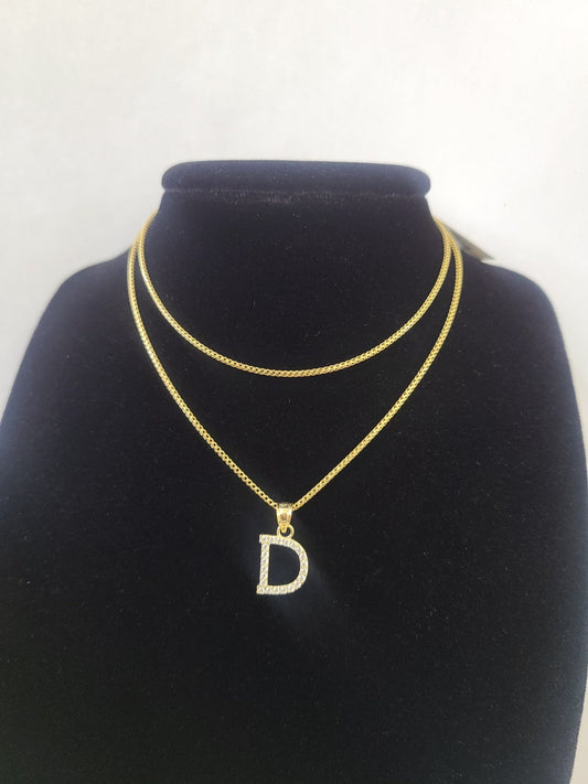 10K Gold Solid Franco Chain D Initial CZ Stone Pendant Set 1mm 16 18 20 22 Women