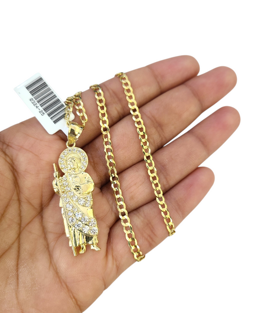 10k Gold Cuban Curb 3mm Chain Necklace Saint Jude Charm Pendant 18"-28" Set