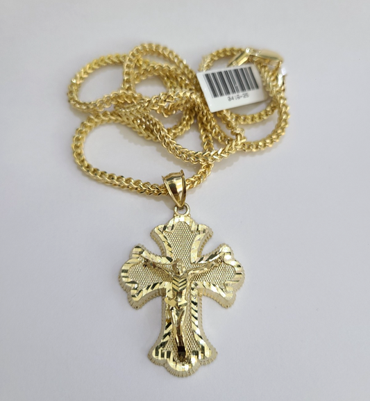 10kt Franco Chain Necklace Jesus Cross Charm Crucifix Pendant 3mm 18"-28" Gold
