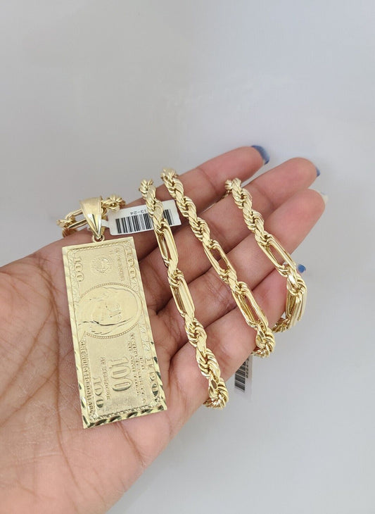 10k Gold Milano Rope Chain 100 Dollar Charm 6mm Set 20"-26'' Inches Necklace