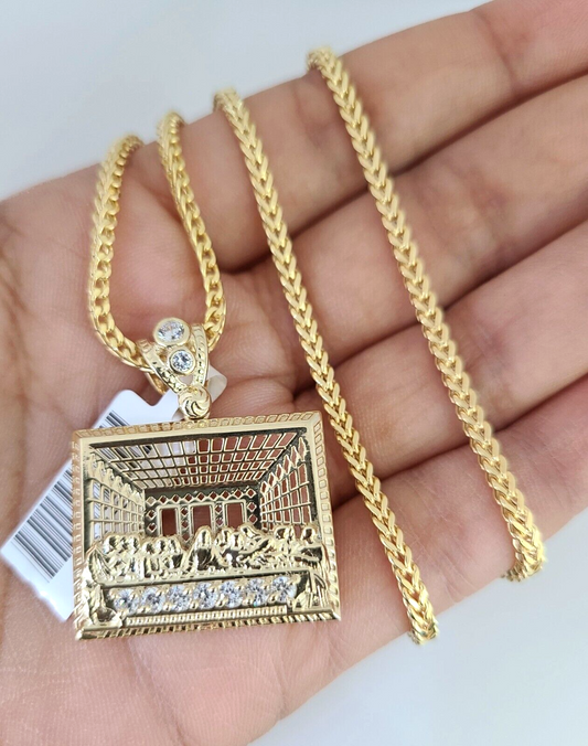 10k Gold Franco Chain Last Supper Charm Pendant 2.5mm 18-24 Inches Necklace