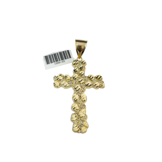 Real 10k Yellow Gold Charm Pendant Nugget Cross 2.5" Diamond Cuts 10KT