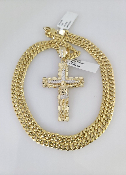 10kt Gold Miami Cuban Chain Nugget Cross Charm Pendant 5mm 18-28Inch Necklace